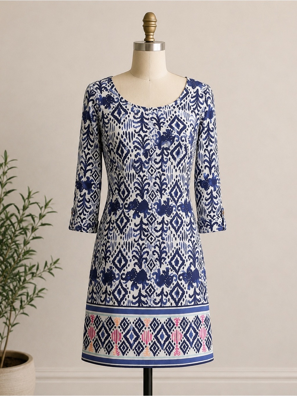 Lilly Pulitzer Ocean Ridge Dress Small Blue Ikat Elephant Print 3/4 sleeves